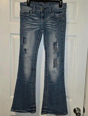 Amethyst Distressed Flare Jeans - Faded Blue